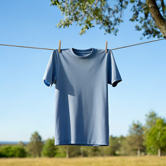 Empty ash blue t-shirt mockup hanging on a line with clothespins, outdoors with blue sky