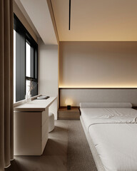 Corner view of classical bedroom interior with bed and work white table with laptop, carpet on hardwood floor. Cozy rest and work zone. Panoramic window on Bangkok skyscrapers. 3D rendering