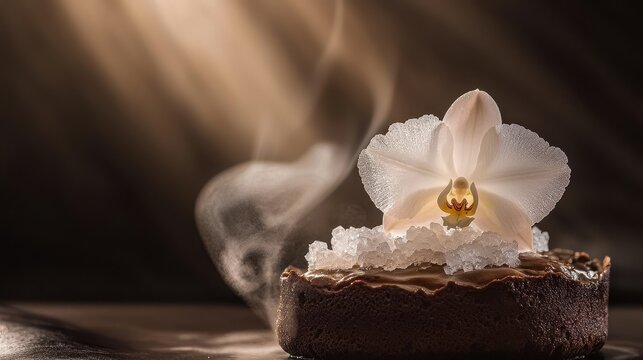 Crystallized flowers arrangement with elegant white orchid garnish on premium chocolate dessert in upscale restaurant setting - Powered by Adobe
