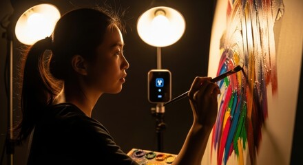 Young asian female artist painting with vibrant colors in studio
