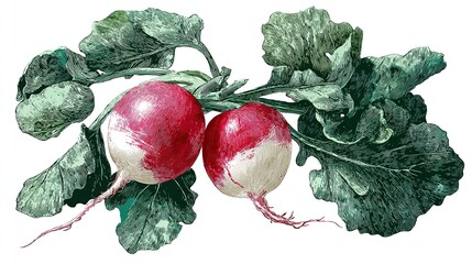 Two vibrant red radishes with green leafy tops, isolated on a white background