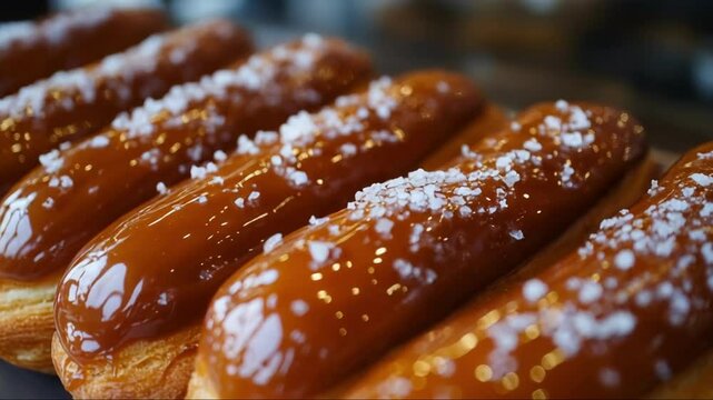Caramel eclairs with salt. Sweet dessert with sugary topping.
