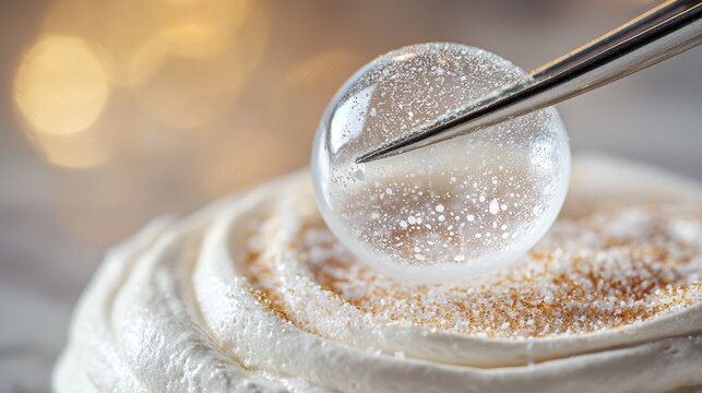 Isomalt decoration positioning with tweezers placing transparent sugar bubble on layered dessert, professional pastry technique in premium restaurant setting