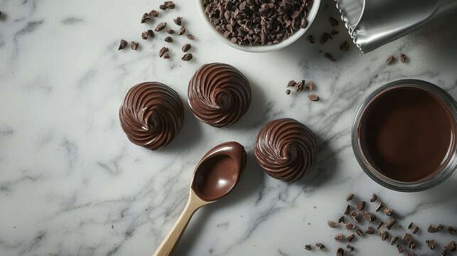 Overhead quenelle technique demonstration showcasing chocolate mousse preparations with cocoa nibs on marble counter