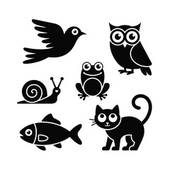 Black animal silhouettes bird snail