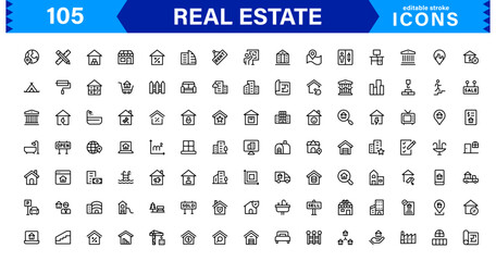 Property and Real Estate Icons Pack in Clean Vector Format with Housing, Building, and Rental Elements.