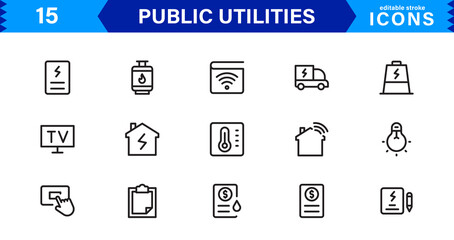 Public Utilities Icon Pack, Modern, Scalable Line Art for Water, Electricity, Waste Management & Public Services.