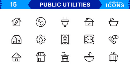 Public Utilities Icon Pack, Modern, Scalable Line Art for Water, Electricity, Waste Management & Public Services.