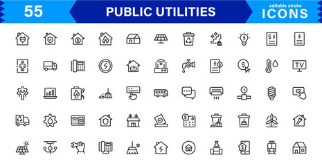 Public Utilities Icon Pack, Modern, Scalable Line Art for Water, Electricity, Waste Management & Public Services.