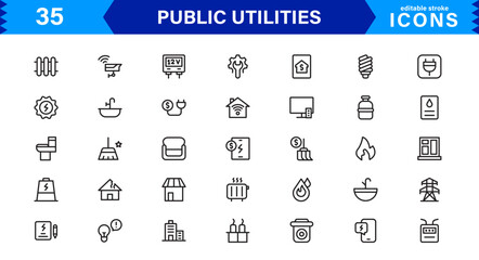 Public Utilities Icon Pack, Modern, Scalable Line Art for Water, Electricity, Waste Management & Public Services.