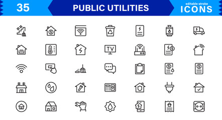 Public Utilities Icon Pack, Modern, Scalable Line Art for Water, Electricity, Waste Management & Public Services.