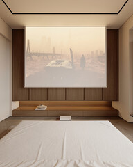 Modern home bedroom interior bed and multimedia projector display, console cabinet with indirect soft light, hardwood floor. Panoramic window on forest. 3D rendering