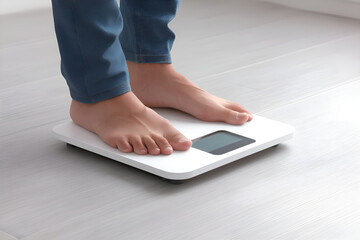 Woman standing on electronic weighing scale checking her body weight
