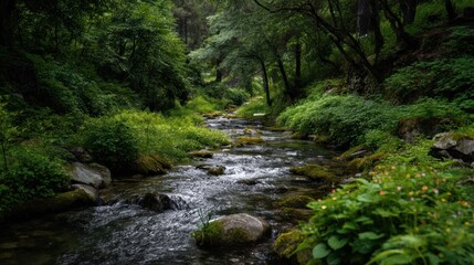 Tranquil stream in lush green forest serene nature scene