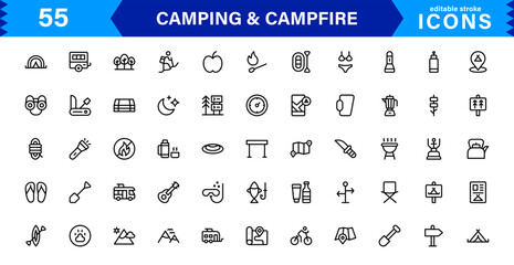 Outdoor Camping and Campfire Icons in Modern Line Style for Adventure, Exploration, Nature Travel