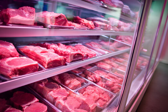 Refrigerated display case showing various cuts of red meat - Powered by Adobe