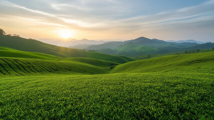Fototapeta premium Panoramic view of lush green tea plantation at sunrise with rolling hills and tranquil atmosphere