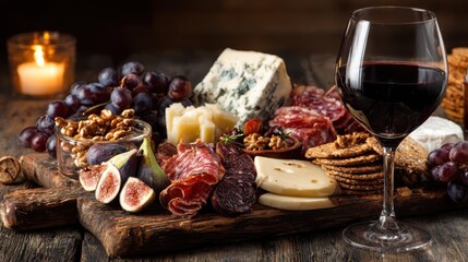 Assorted cheeses figs grapes nuts and salami on a wooden board with a glass of red wine nearby