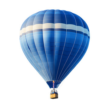 A vibrant blue and white striped hot air balloon with a basket and flame isolated on transparent background