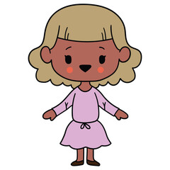 Hand drawn cartoon cute african american girl in dress on white background.