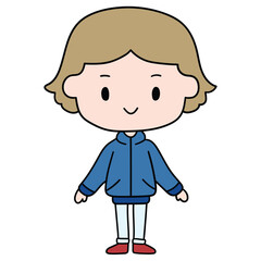 Hand drawn cartoon cute caucasian girl in casual clothes on white background.