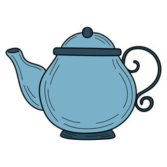 Hand drawn cartoon retro blue teapot on white background.