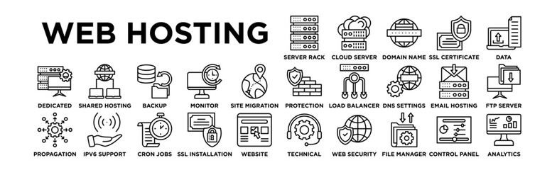 web hosting icon set. Editable Stroke Icon Collection. Server Rack, Cloud Server, Domain Name, SSL Certificate, Data Transfer, Firewall Protection, Load Balancer, DNS Settings, Email Hosting, FTP Serv