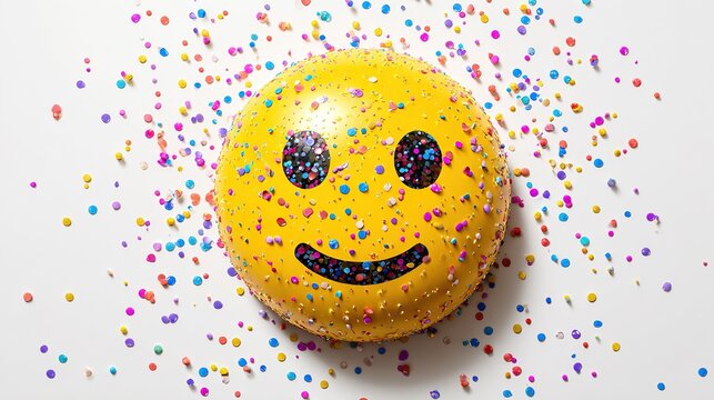 Bright Yellow Smiley Face Surrounded by Colorful Confetti on a White Background. - Powered by Adobe