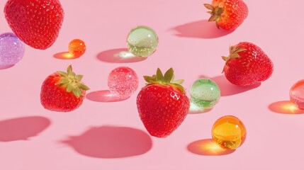 Fresh red strawberries interspersed with colorful translucent marble balls on a light pink
