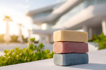A stack of four colorful solid shampoo bars sits against a backdrop of modern white architecture, greenery, and soft natural sunlight creating a serene and eco-friendly scene.
