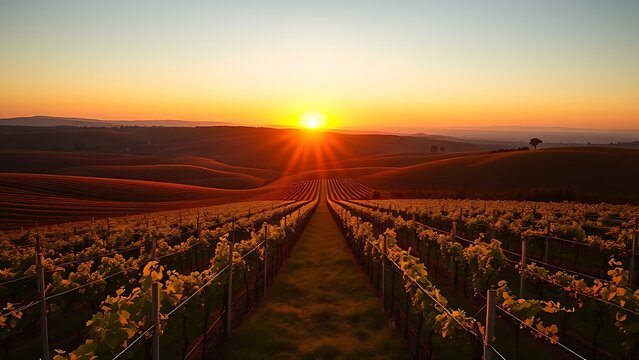 Panoramic view of a vineyard at sunset, with rolling hills and neat rows of grapevines in golden light.