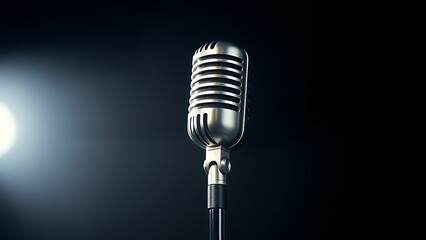Fototapeta premium Vintage microphone stand with polished metal details on a dark gradient background.