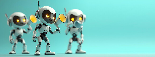 Futuristic AI Robot with Megaphone on White Background – Right Side Copy Space for Advertisement
