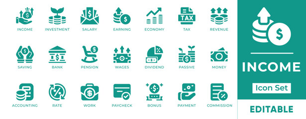 Income Icon Set. Includes icons of salary, earnings, cash flow, passive income, investments, and profit. Perfect for finance apps, reports, and business tools.