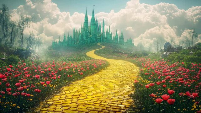 Cinematic Animation of Yellow Brick Road Through Poppy Field Leading to Emerald City Under Cloudy Sky