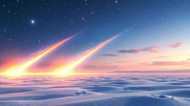 Meteor shower over snowy landscape at twilight with starry sky  