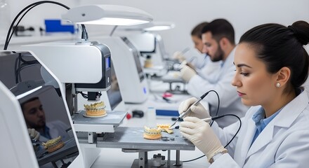 team of dental technicians working in a modern, clean laboratory, focused on creating dental prosthetics