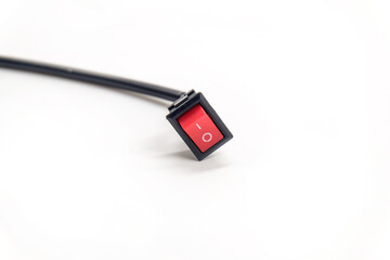 Turn off or turn onthe power. Red switch with black wire, isolated on white background