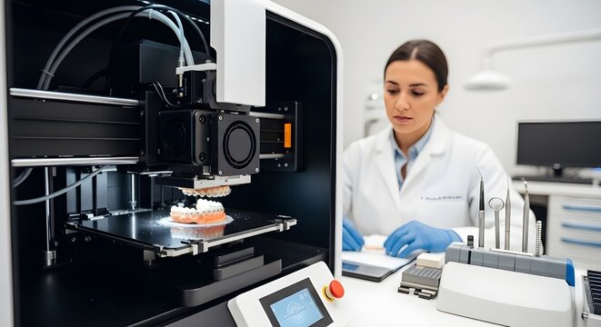 A dental 3D printer in a lab actively printing a detailed dental model or surgical guide layer by layer - Powered by Adobe