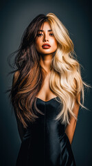 Naklejka premium Stylish young woman with long voluminous hair dyed in two contrasting shades — dark brown and platinum blonde