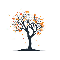 Stylized autumn tree with falling orange leaves. Vector illustration against a white background evokes a serene, seasonal transition.
