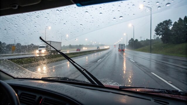 Truck driving on a highway during a heavy rainstorm with limited visibility