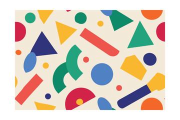 Colorful geometric shapes scattered on a beige creating a seamless pattern design