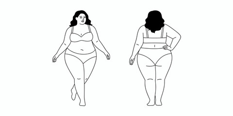 Plus size woman in underwear: Body positive curvy model, one person, confidence, front and back view vector
