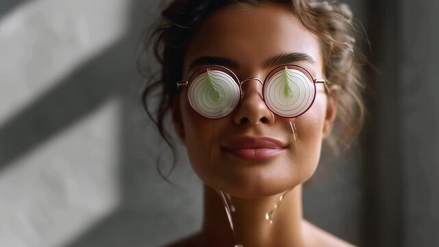 Camera moving towards young woman, surreal video with close-up woman's face wearing round onion ring glasses, tears streaming from model's eyes, cinematic lighting, glasses falling off model's face