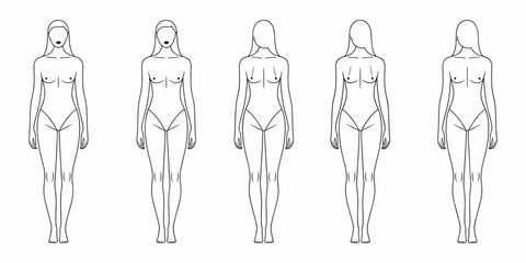 Five woman full body poses, female figure templates, fashion design drawing