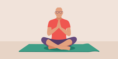 Senior man meditating, yoga pose on mat. Elderly man fitness, healthy lifestyle. One person vector illustration.