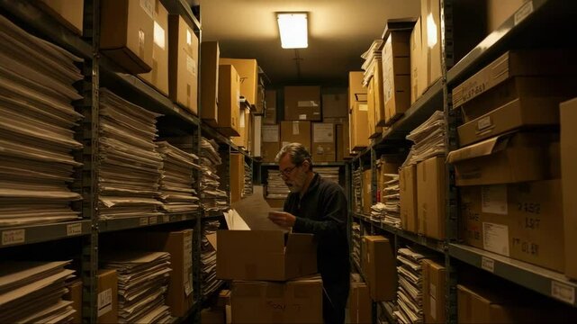 Man sorts documents in storage room with boxes and stacks of papers