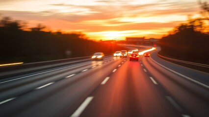 Fototapeta premium A sunset highway glows with blurred vehicle lights, capturing golden hour's dynamic motion.