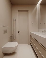 Side view of modern bathroom interior design with tiles beige walls and floor and soft lighting. 3D Rendering
